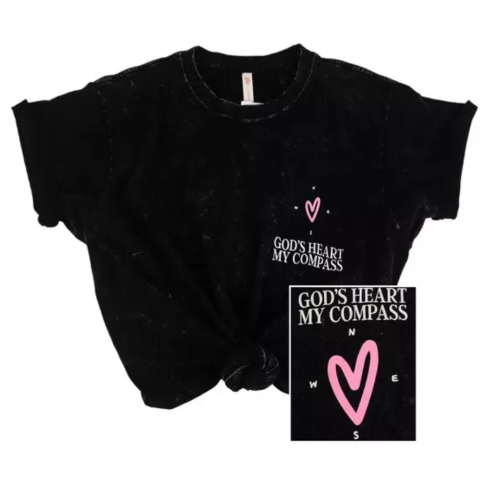 ASSORTED SIZES:God's Heart My Compass Black Vintage Acid Wash T-Shirt-NWT - Picture 3 of 5